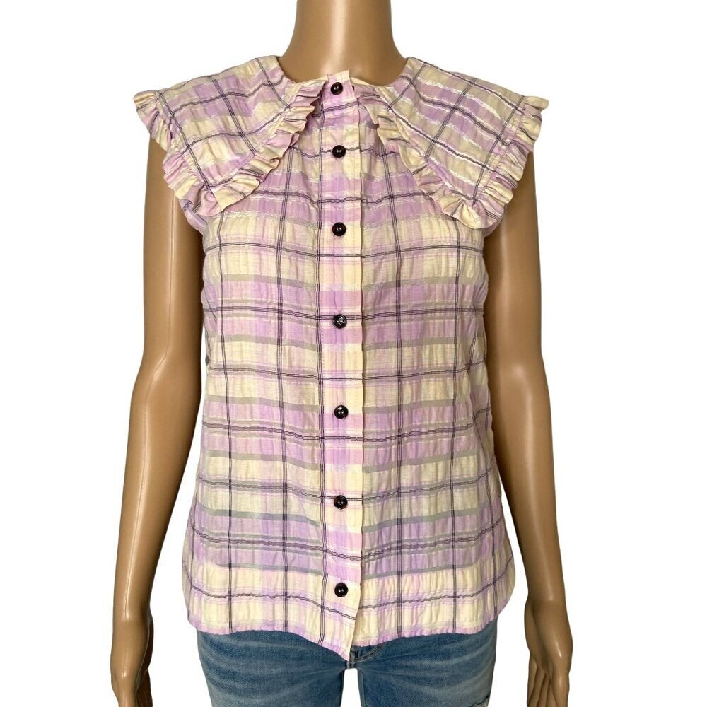Ganni NWT Seersucker Sleeveless Collared Button Down Blouse Orchid Bloom Size XS